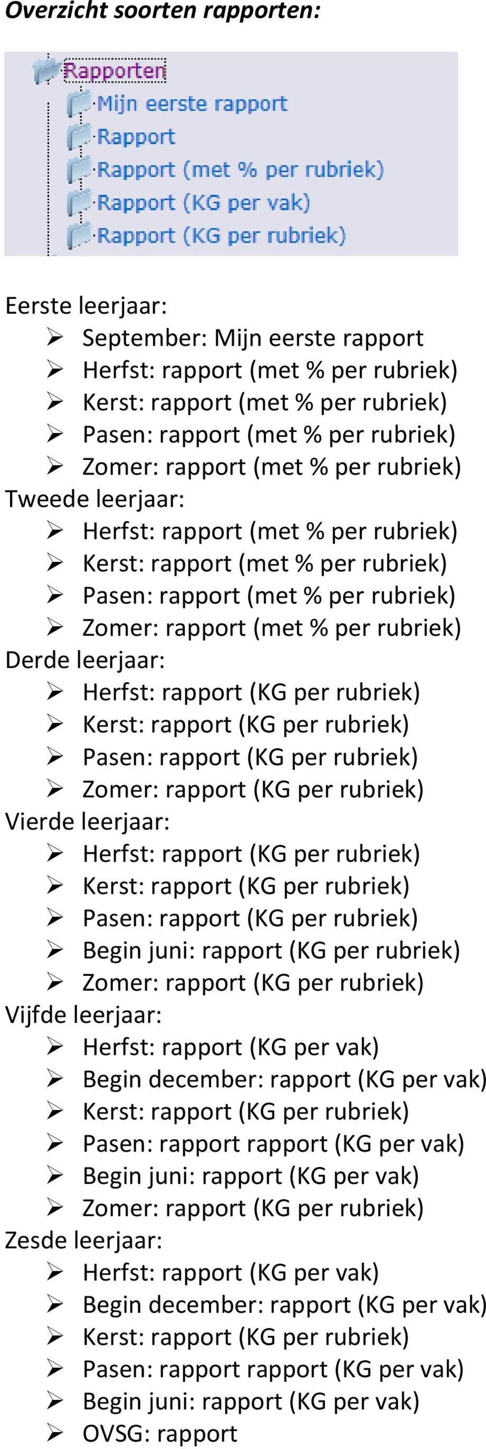 Herfst: rapport (KG per rubriek) Kerst: rapport (KG per rubriek) Pasen: rapport (KG per rubriek) Zomer: rapport (KG per rubriek) Vierde leerjaar: Herfst: rapport (KG per rubriek) Kerst: rapport (KG