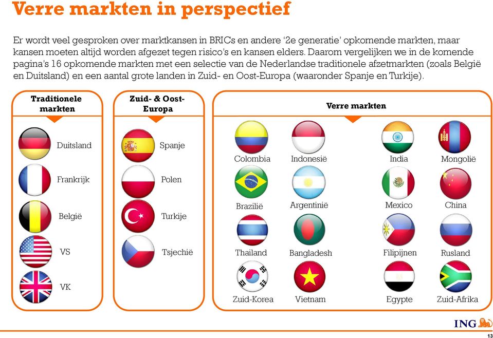 Daarom vergelijken we in de komende pagina s 16 opkomende markten met een selectie van de Nederlandse traditionele afzetmarkten (zoals België en Duitsland) en een aantal