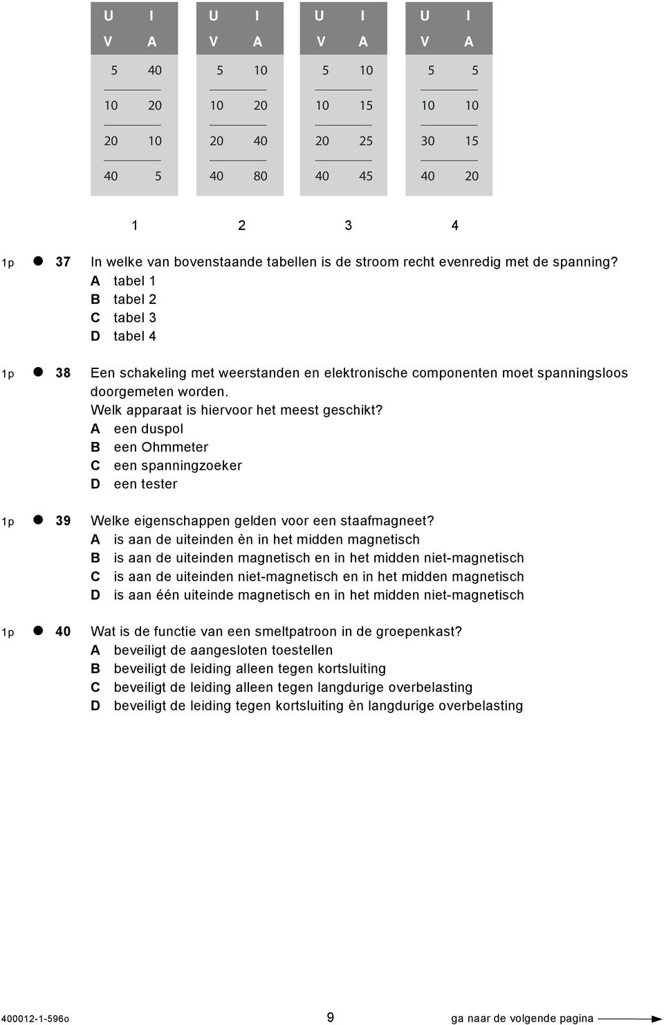 Welk apparaat is hiervoor het meest geschikt? A een duspol B een Ohmmeter C een spanningzoeker D een tester 1p 39 Welke eigenschappen gelden voor een staafmagneet?