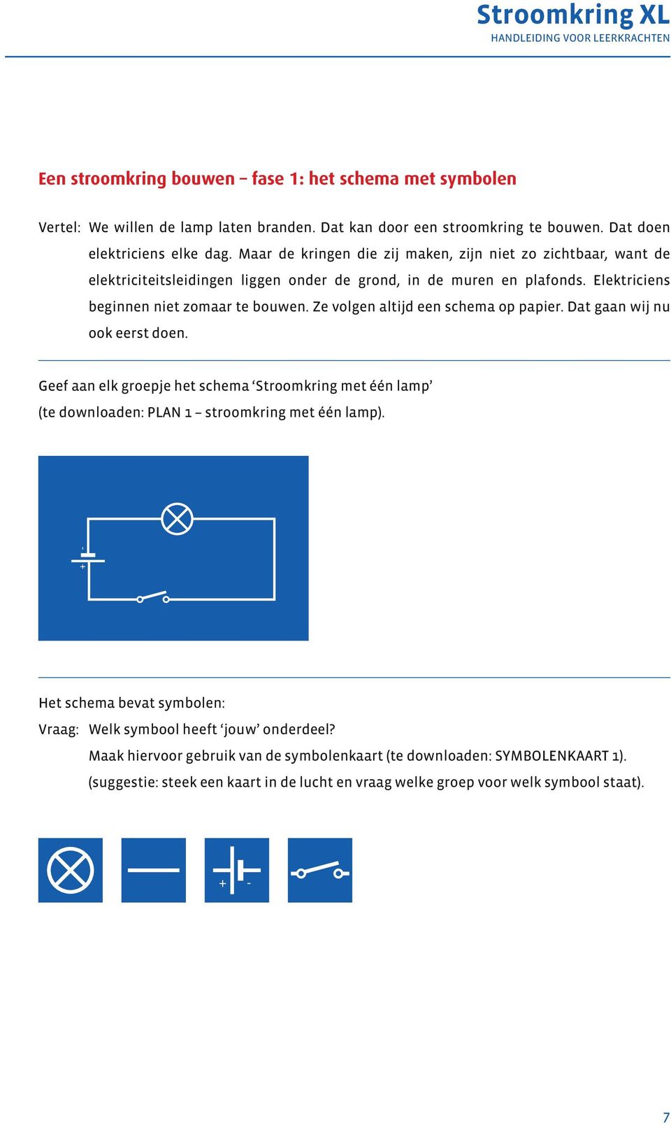 Ze volgen altijd een schema op papier. Dat gaan wij nu ook eerst doen. Geef aan elk groepje het schema Stroomkring met één lamp (te downloaden: PLAN 1 stroomkring met één lamp).