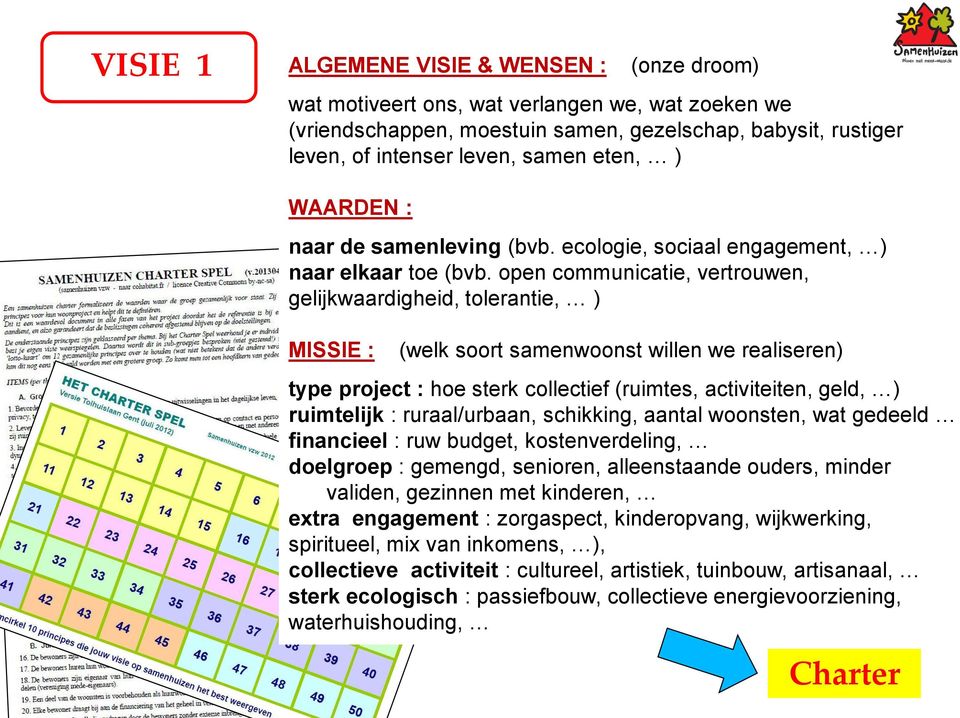 open communicatie, vertrouwen, gelijkwaardigheid, tolerantie, ) MISSIE : (welk soort samenwoonst willen we realiseren) type project : hoe sterk collectief (ruimtes, activiteiten, geld, ) ruimtelijk :