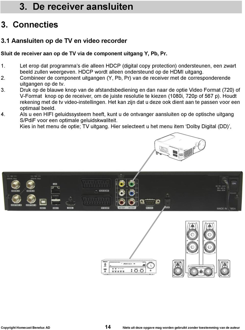 Combineer de component uitgangen (Y, Pb, Pr) van de receiver met de corresponderende uitgangen op de tv. 3.
