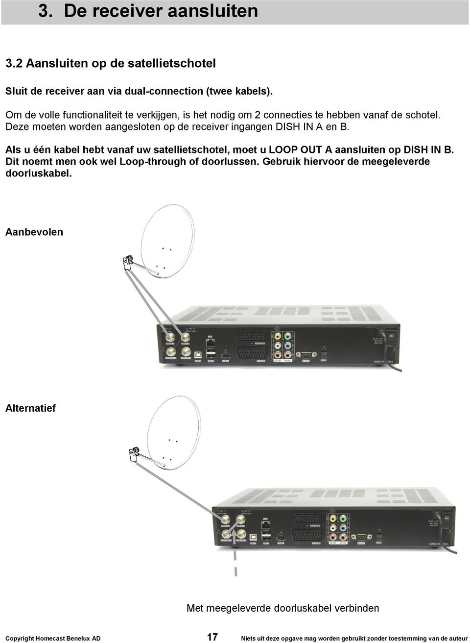 Deze moeten worden aangesloten op de receiver ingangen DISH IN A en B. Als u één kabel hebt vanaf uw satellietschotel, moet u LOOP OUT A aansluiten op DISH IN B.