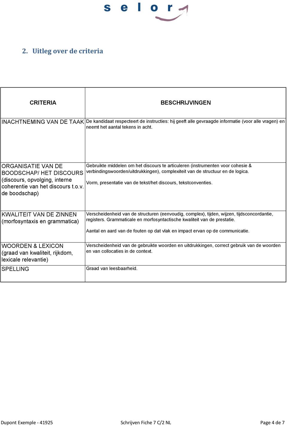 ORGANISATIE VAN DE Gebruikte middelen om het discours te articuleren (instrumenten voor cohesie & BOODSCHAP/ HET DISCOURS verbindingswoorden/uitdrukkingen), complexiteit van de structuur en de logica.