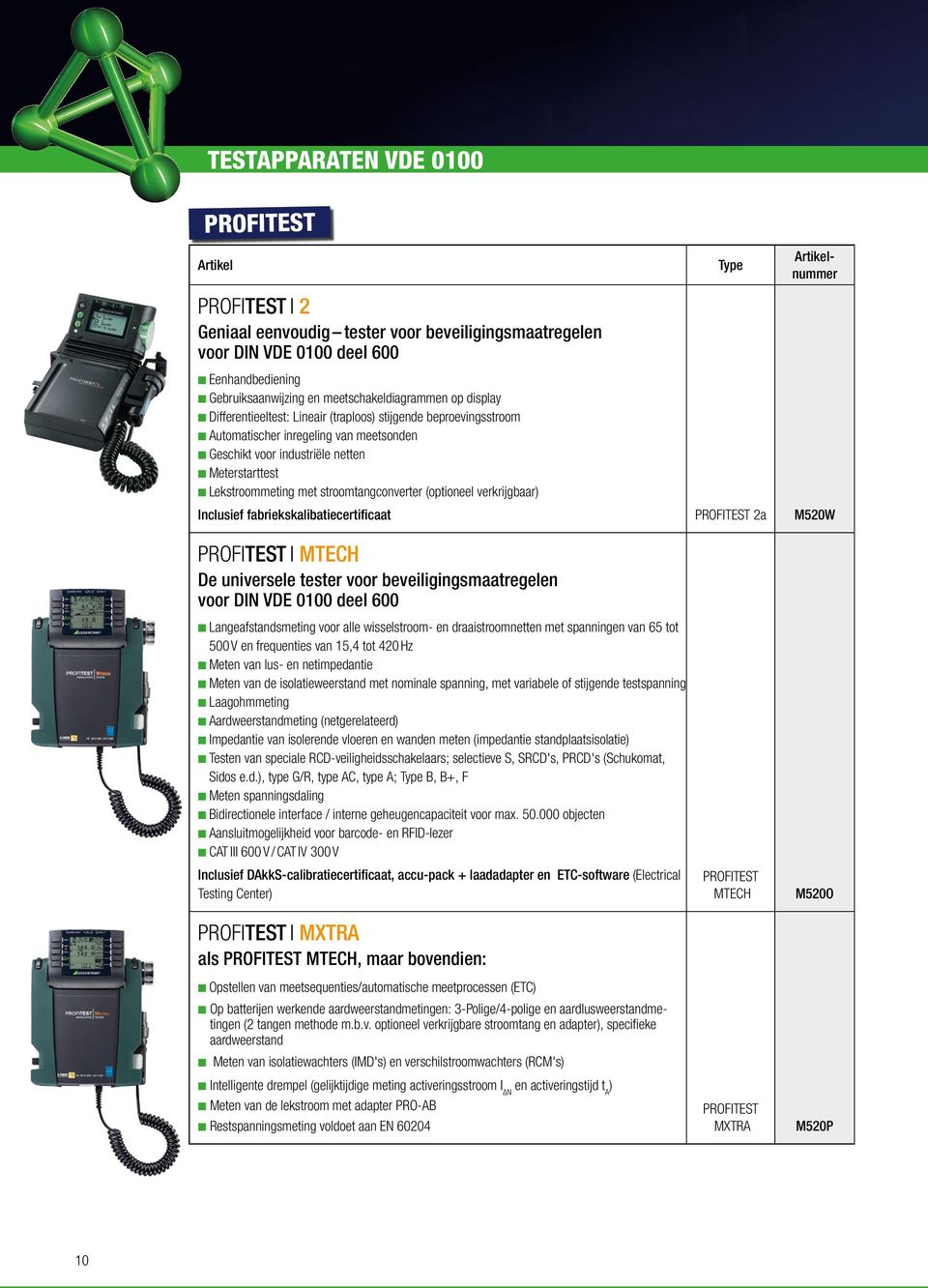 stroomtangconverter (optioneel verkrijgbaar) Inclusief fabriekskalibatiecertificaat PROFITEST 2a M520W PROFITEST I MTECH De universele tester voor beveiligingsmaatregelen voor DIN VDE 0100 deel 600 n