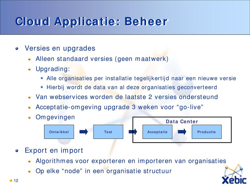 worden de laatste 2 versies ondersteund Acceptatie-omgeving upgrade 3 weken voor go-live Omgevingen Data Center Ontwikkel Test