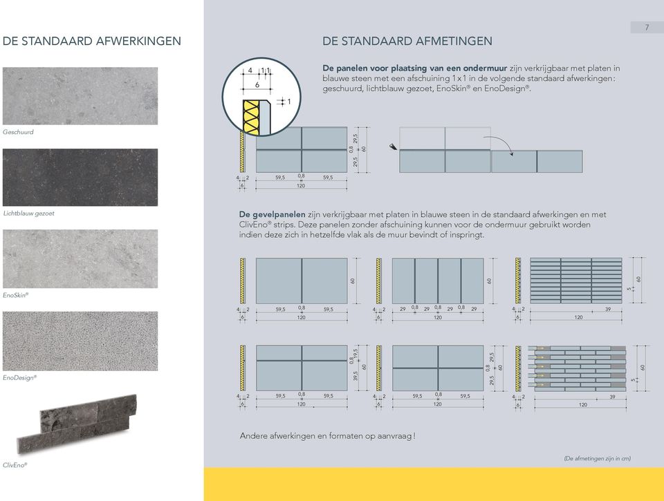 37,5 7 7,5 Geschuurd De gevelpanelen zijn verkrijgbaar met platen in blauwe steen in de standaard afwerkingen en met ClivEno strips.