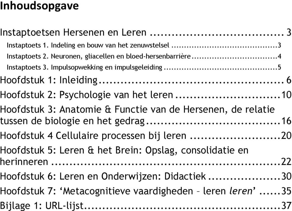 .. 6 Hoofdstuk 2: Psychologie van het leren... 10 Hoofdstuk 3: Anatomie & Functie van de Hersenen, de relatie tussen de biologie en het gedrag.