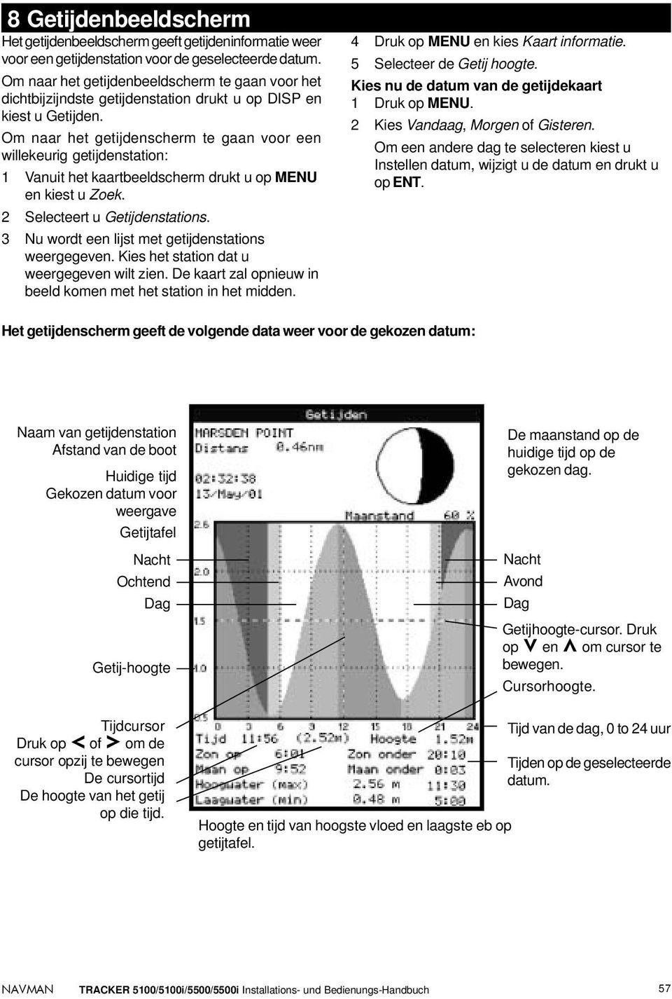 Om naar het getijdenscherm te gaan voor een willekeurig getijdenstation: 1 Vanuit het kaartbeeldscherm drukt u op MENU en kiest u Zoek. 2 Selecteert u Getijdenstations.