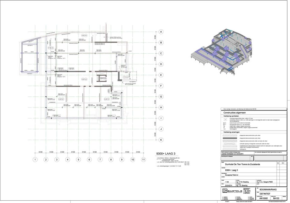 betongevuld + S?** Verlaring symbolen vloer, u(j) mm - versterte stroo in vloer t.p.v. alle openingen in de dragende wand en daar waar aangegeven - olom boven en/of onder de vloer/bal - gaande olom t.