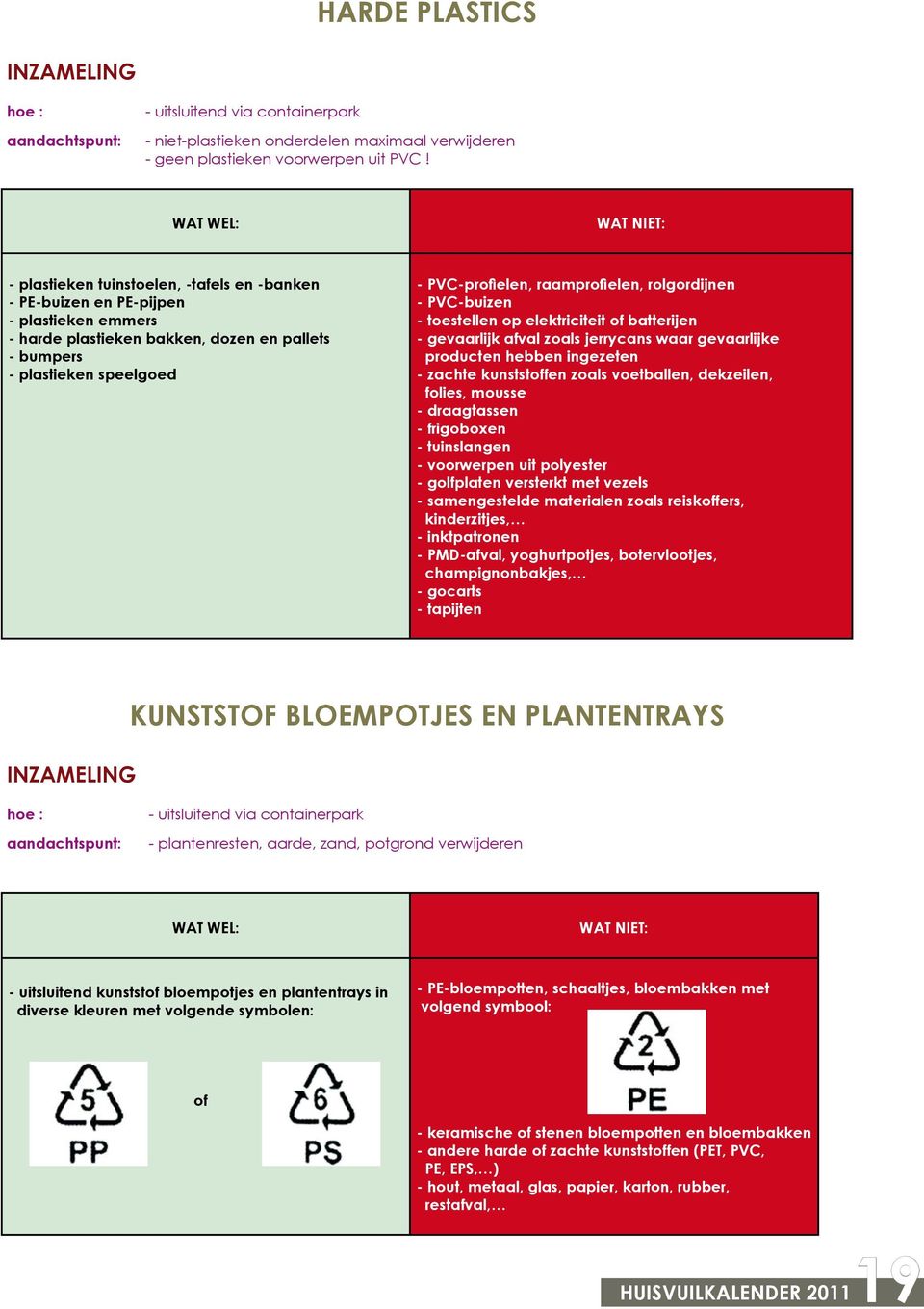 rolgordijnen - PVC-buizen - toestellen op elektriciteit of batterijen - gevaarlijk afval zoals jerrycans waar gevaarlijke producten hebben ingezeten - zachte kunststoffen zoals voetballen, dekzeilen,