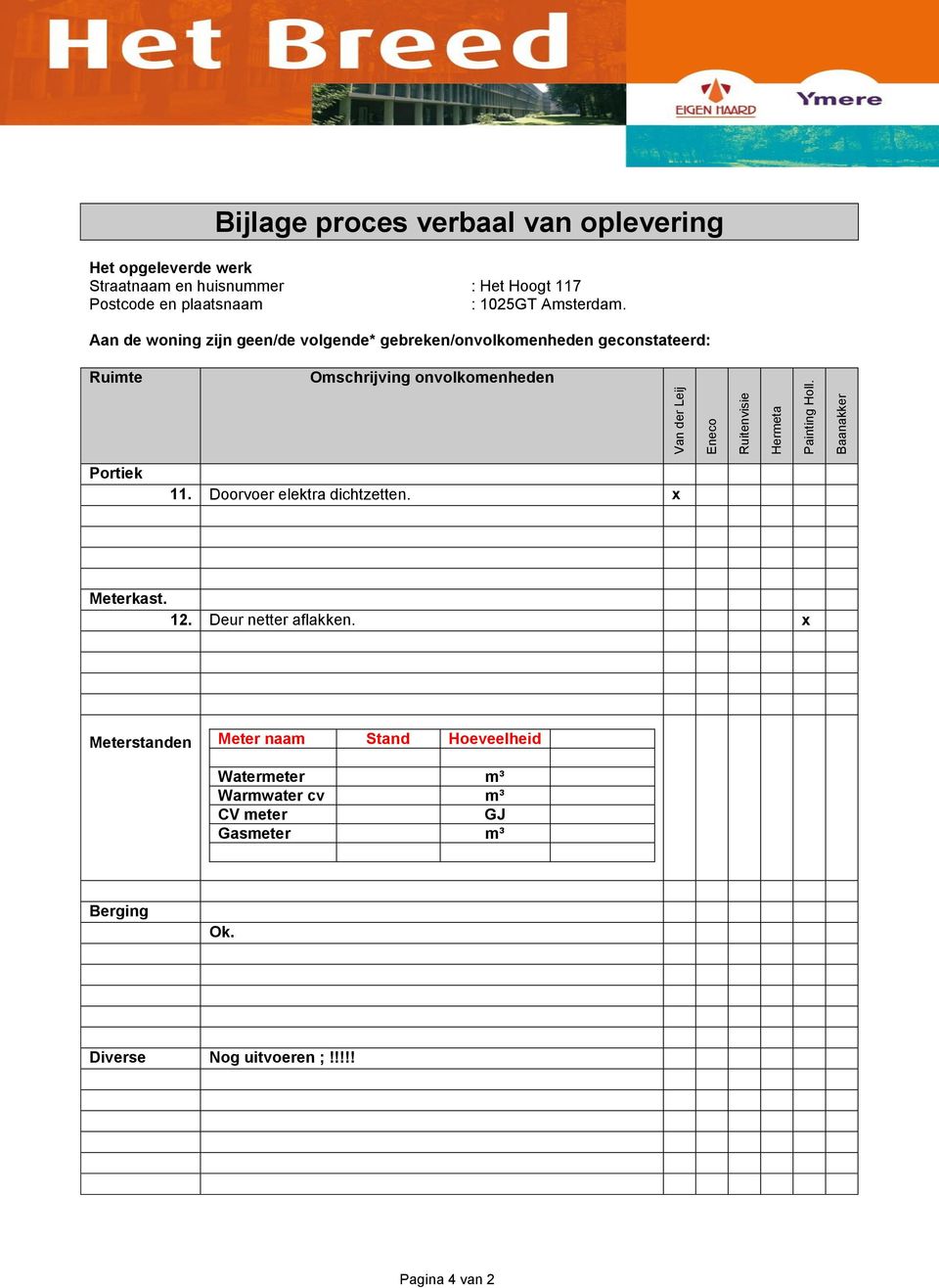 Meterstanden Meter naam Stand Hoeveelheid Watermeter m³ Warmwater cv m³