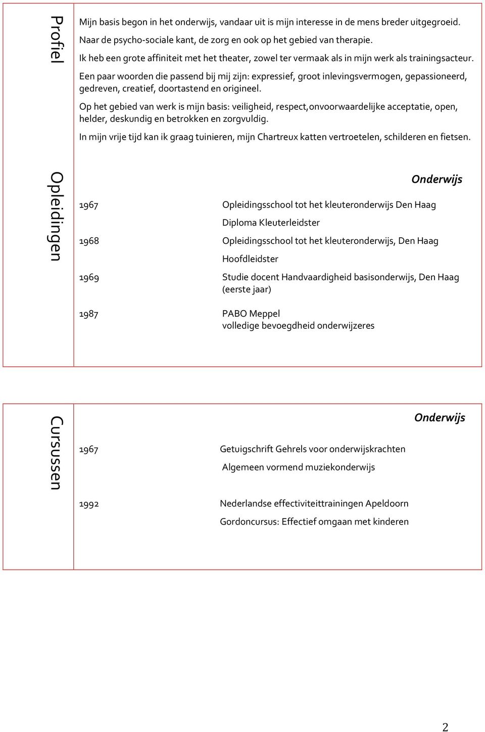 Een paar woorden die passend bij mij zijn: expressief, groot inlevingsvermogen, gepassioneerd, gedreven, creatief, doortastend en origineel.