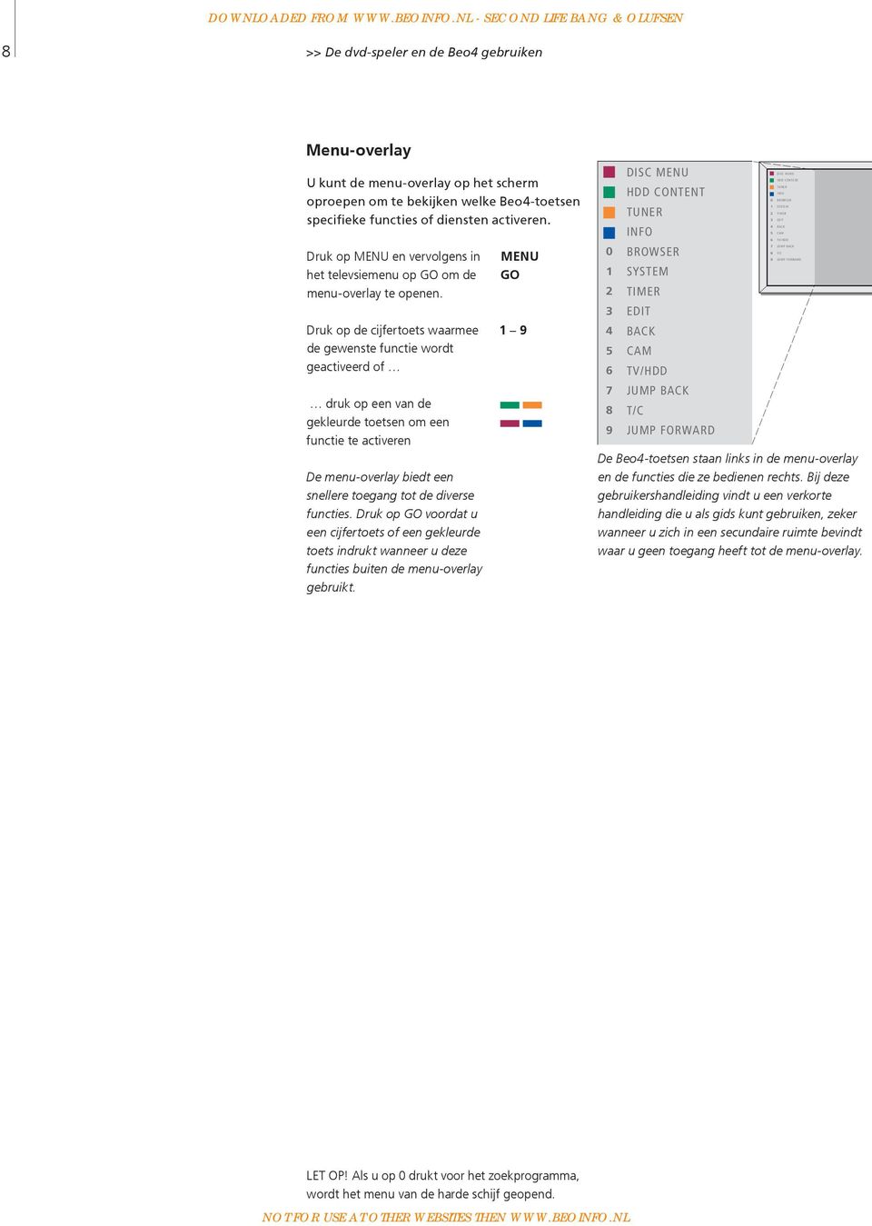 Druk op de cijfertoets waarmee de gewenste functie wordt geactiveerd of druk op een van de gekleurde toetsen om een functie te activeren De menu-overlay biedt een snellere toegang tot de diverse