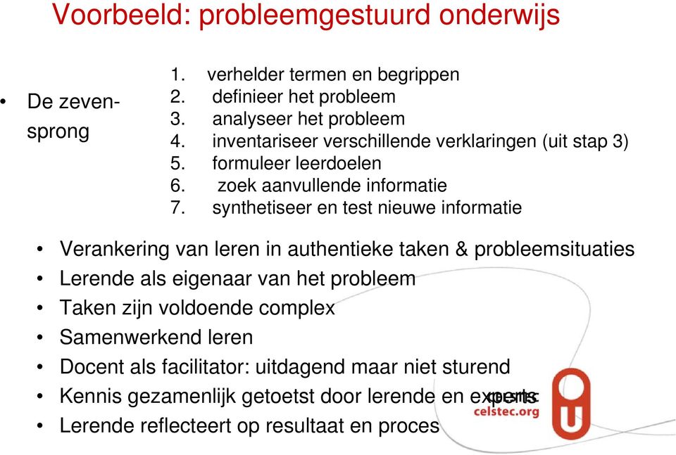 synthetiseer en test nieuwe informatie Verankering van leren in authentieke taken & probleemsituaties Lerende als eigenaar van het probleem Taken