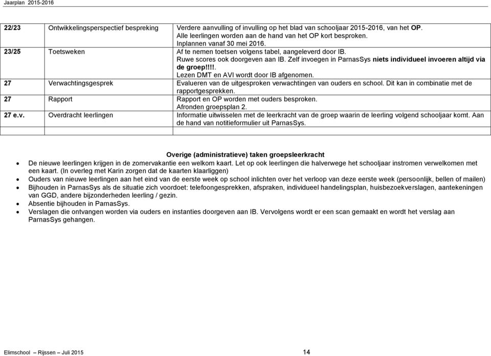 Zelf invoegen in ParnasSys niets individueel invoeren altijd via de groep!!!!. Lezen DMT en AVI wordt door IB afgenomen.