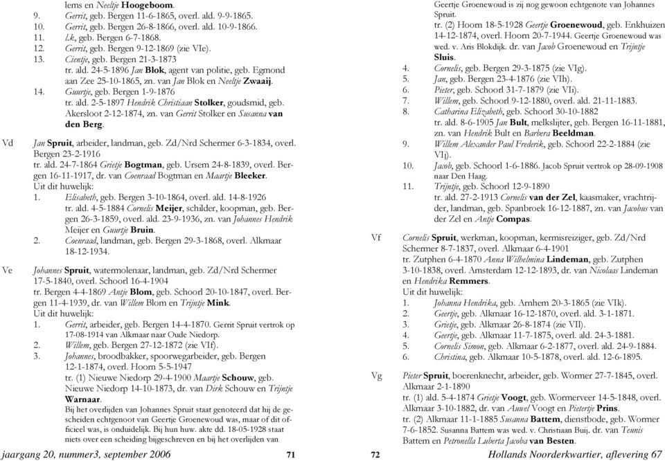 Akersloot 2-12-1874, zn. van Gerrit Stolker en Susanna van den Berg. Jan Spruit, arbeider, landman, geb. Zd/Nrd Schermer 6-3-1834, overl. Bergen 23-2-1916 tr. ald. 24-7-1864 Grietje Bogtman, geb.