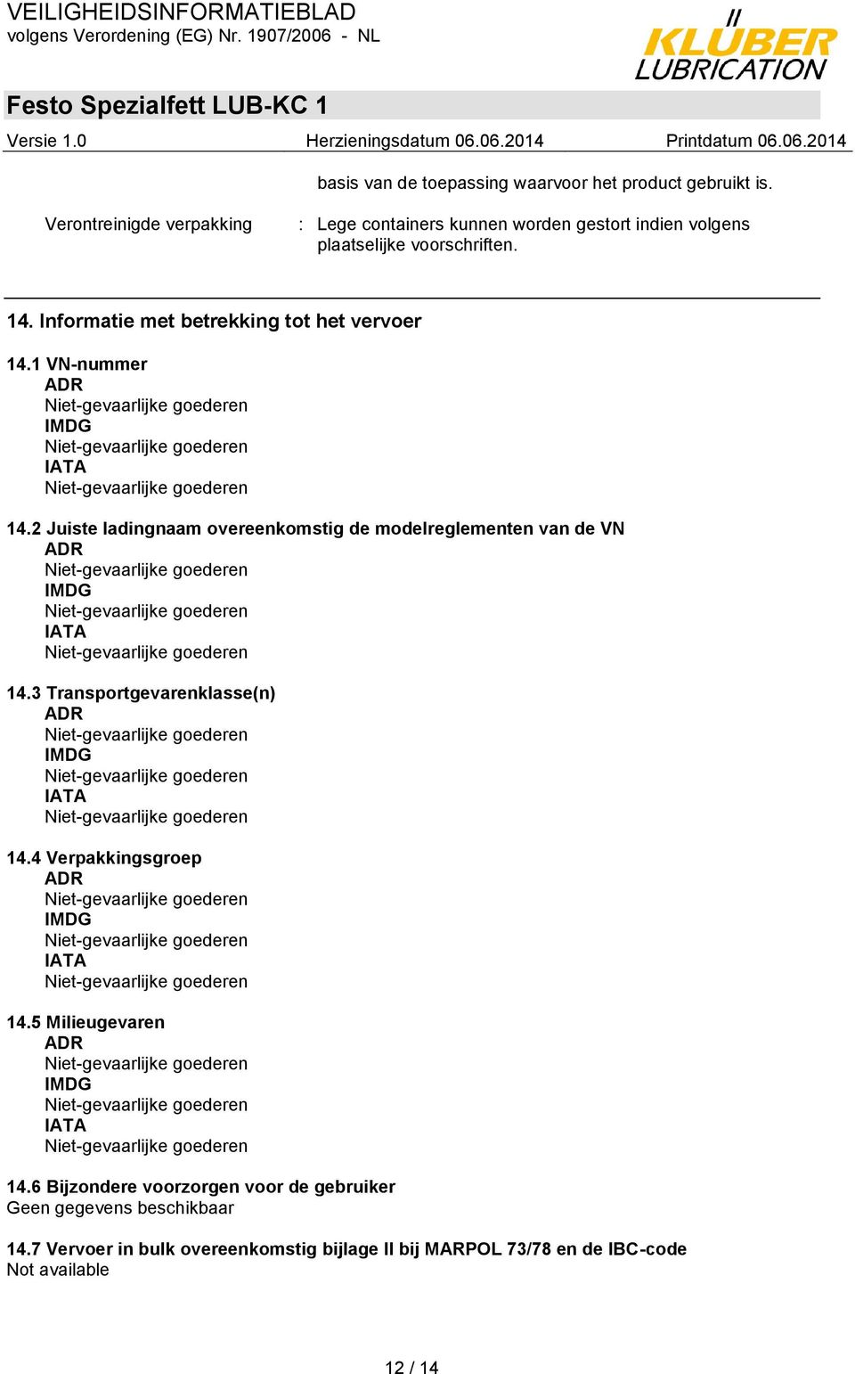 Informatie met betrekking tot het vervoer 14.1 VN-nummer ADR IMDG IATA 14.