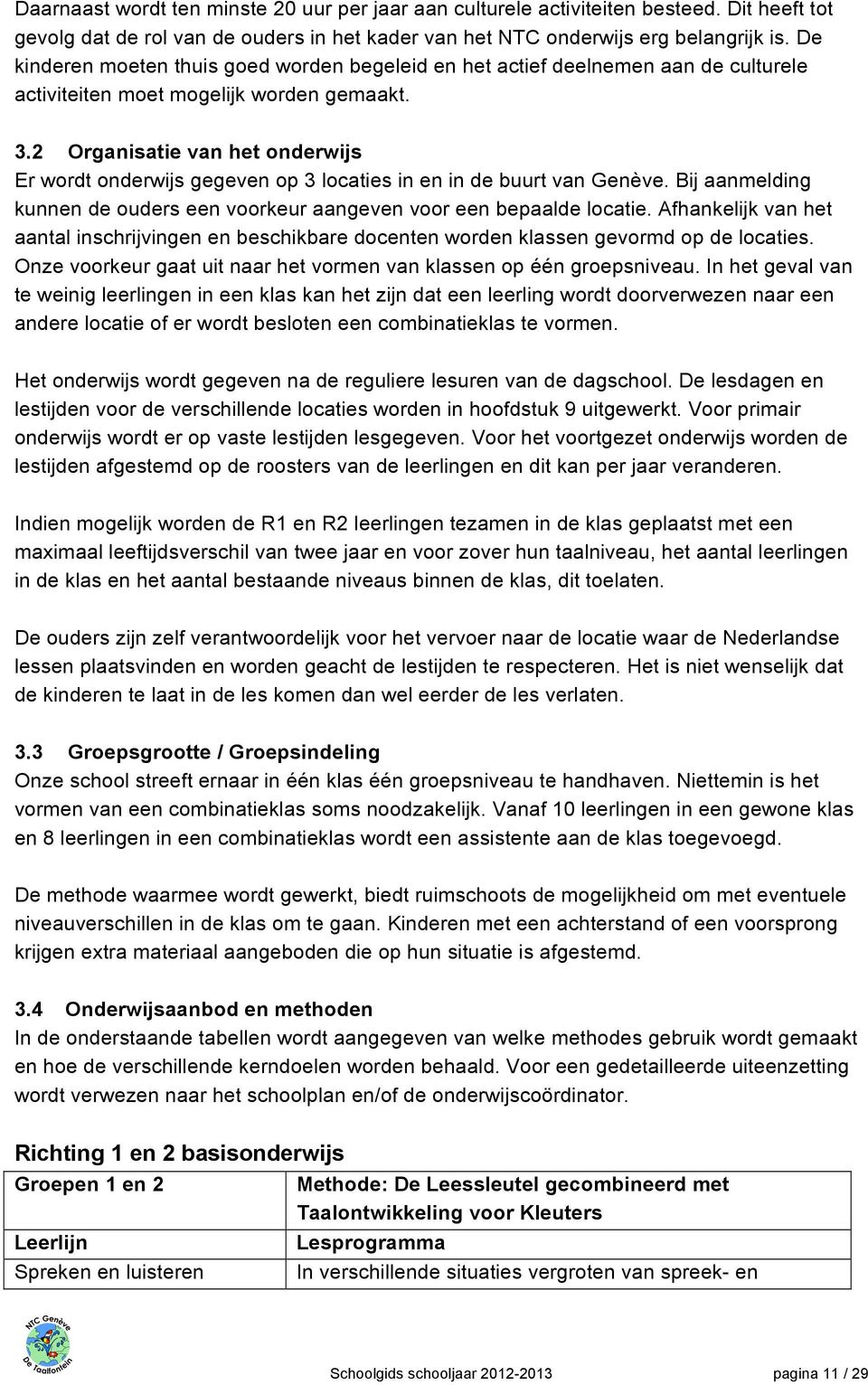 2 Organisatie van het onderwijs Er wordt onderwijs gegeven op 3 locaties in en in de buurt van Genève. Bij aanmelding kunnen de ouders een voorkeur aangeven voor een bepaalde locatie.