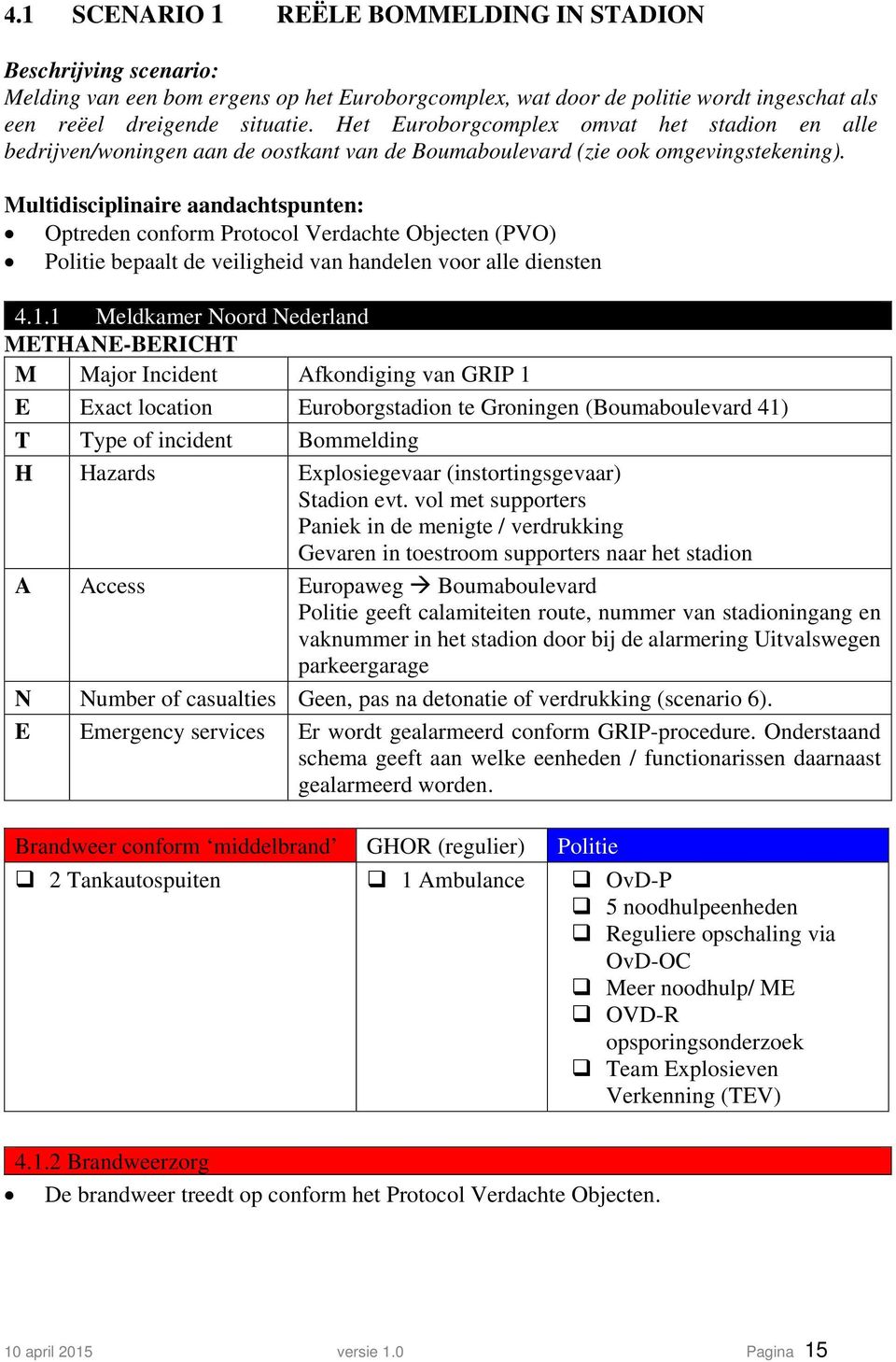 Multidisciplinaire aandachtspunten: Optreden conform Protocol Verdachte Objecten (PVO) Politie bepaalt de veiligheid van handelen voor alle diensten 4.1.