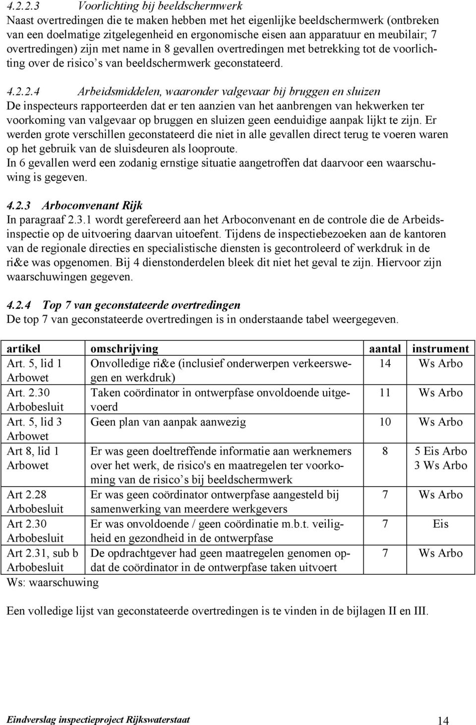 2.4 Arbeidsmiddelen, waaronder valgevaar bij bruggen en sluizen De inspecteurs rapporteerden dat er ten aanzien van het aanbrengen van hekwerken ter voorkoming van valgevaar op bruggen en sluizen