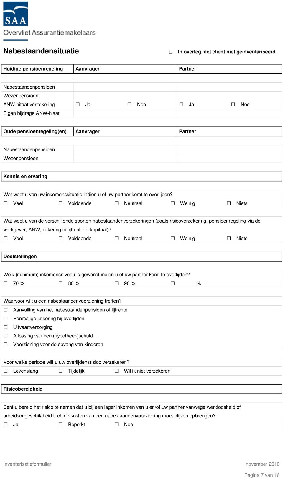 Wat weet u van de verschillende soorten nabestaandenverzekeringen (zoals risicoverzekering, pensioenregeling via de werkgever, ANW, uitkering in lijfrente of kapitaal)?