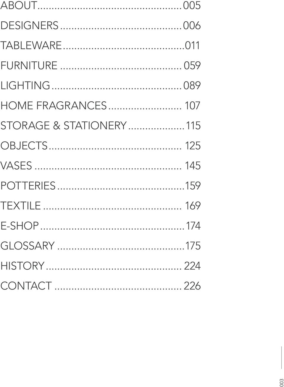STATIONERY 115 OBJECTS 125 VASES 145 POTTERIES 159