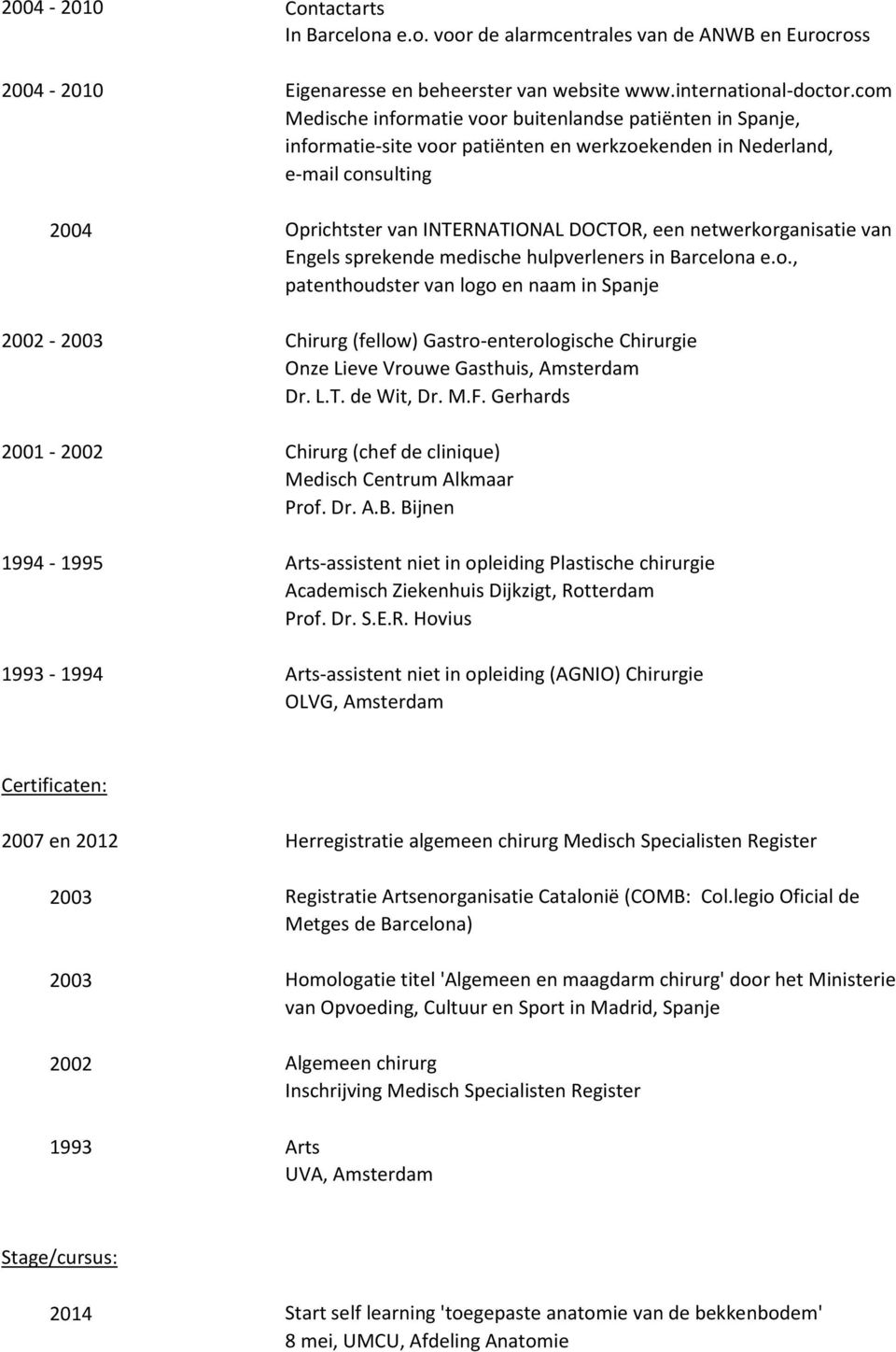 netwerkorganisatie van Engels sprekende medische hulpverleners in Barcelona e.o., patenthoudster van logo en naam in Spanje 2002-2003 Chirurg (fellow) Gastro-enterologische Chirurgie Onze Lieve Vrouwe Gasthuis, Amsterdam Dr.