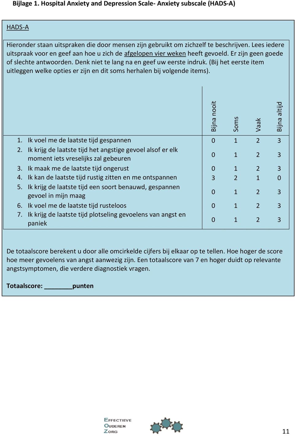 (Bij het eerste item uitleggen welke opties er zijn en dit soms herhalen bij volgende items). Bijna nooit Soms Vaak Bijna altijd 1. Ik voel me de laatste tijd gespannen 0 1 2 3 2.