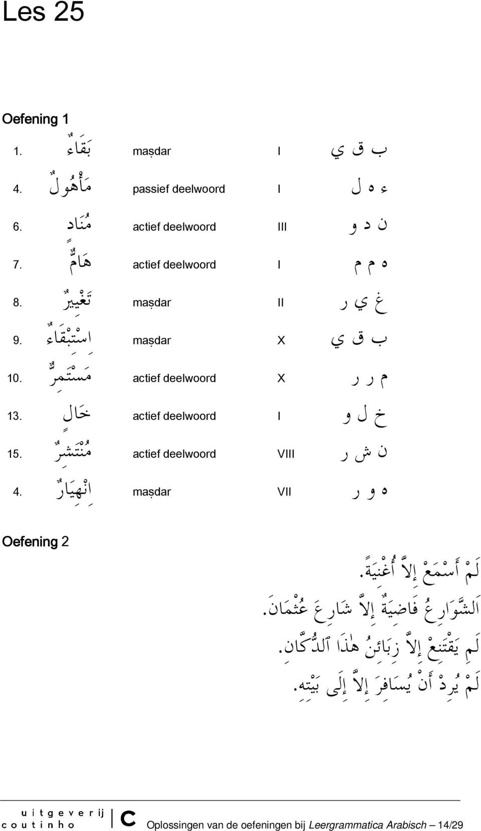 13 I خ ل و actief deelwoord م ن ت ش ر.15 VIII ن ش ر maṣdar ا ن ه ي ار.4 VII ه و ر Oefening 2 لم ا س م ع ا لا ا غن ي ة.