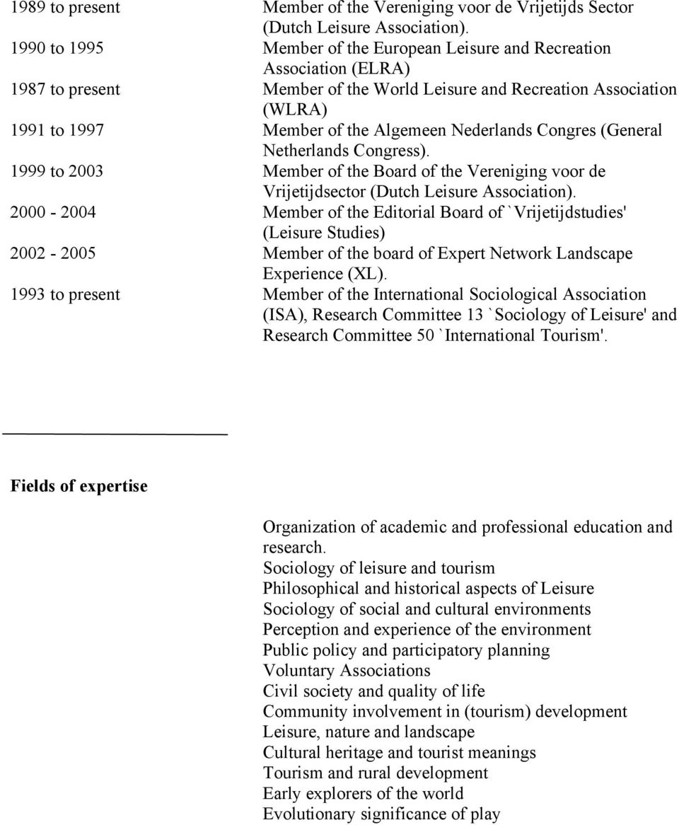 Nederlands Congres (General Netherlands Congress). 1999 to 2003 Member of the Board of the Vereniging voor de Vrijetijdsector (Dutch Leisure Association).