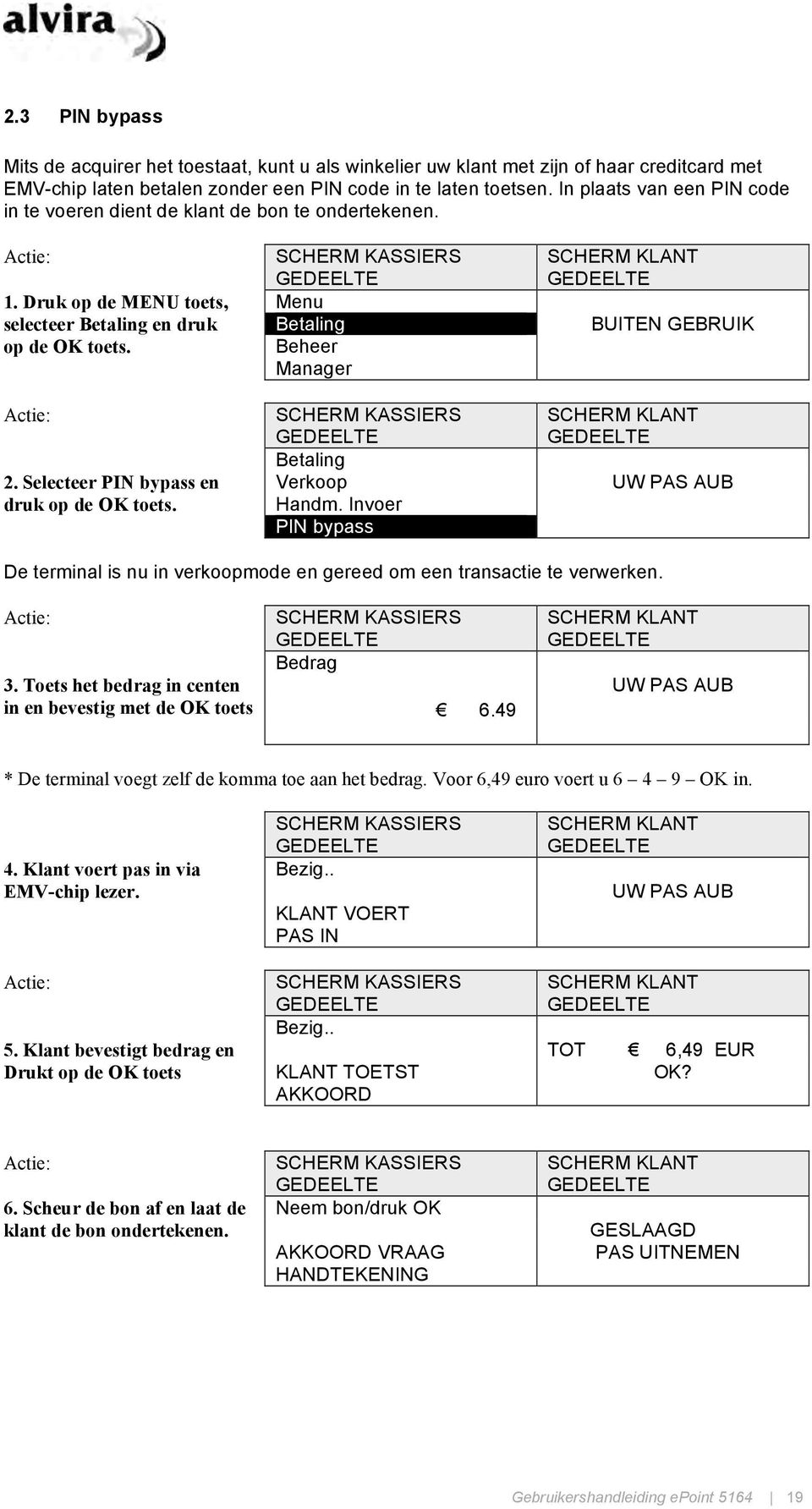 Beheer Manager Betaling 2. Selecteer PIN bypass en Verkoop UW PAS AUB druk op de OK toets. Handm. Invoer PIN bypass De terminal is nu in verkoopmode en gereed om een transactie te verwerken. Bedrag 3.