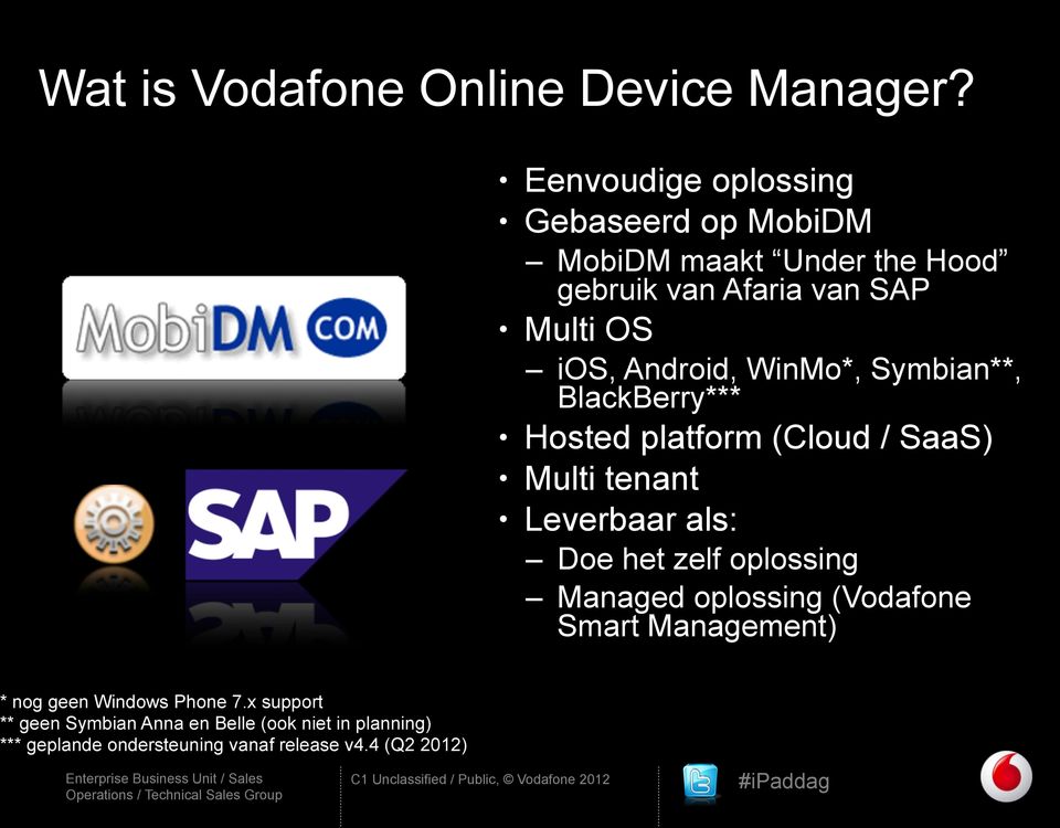 Android, WinMo*, Symbian**, BlackBerry*** Hosted platform (Cloud / SaaS) Multi tenant Leverbaar als: Doe het zelf