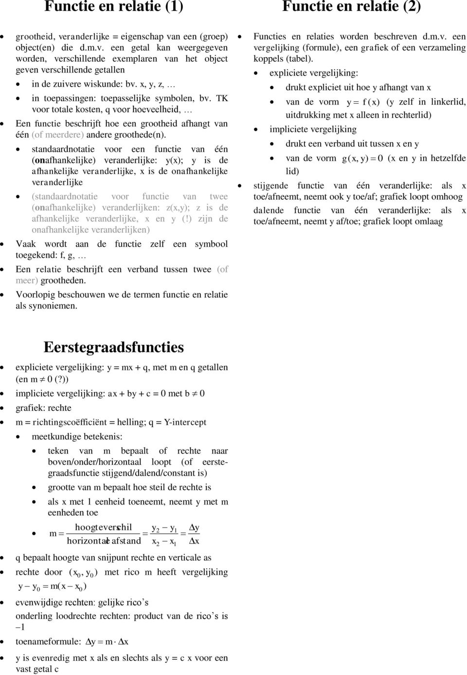 standaardnotatie voor een functie van één (onafhankelijke) veranderlijke: y(x); y is de afhankelijke veranderlijke, x is de onafhankelijke veranderlijke (standaardnotatie voor functie van twee