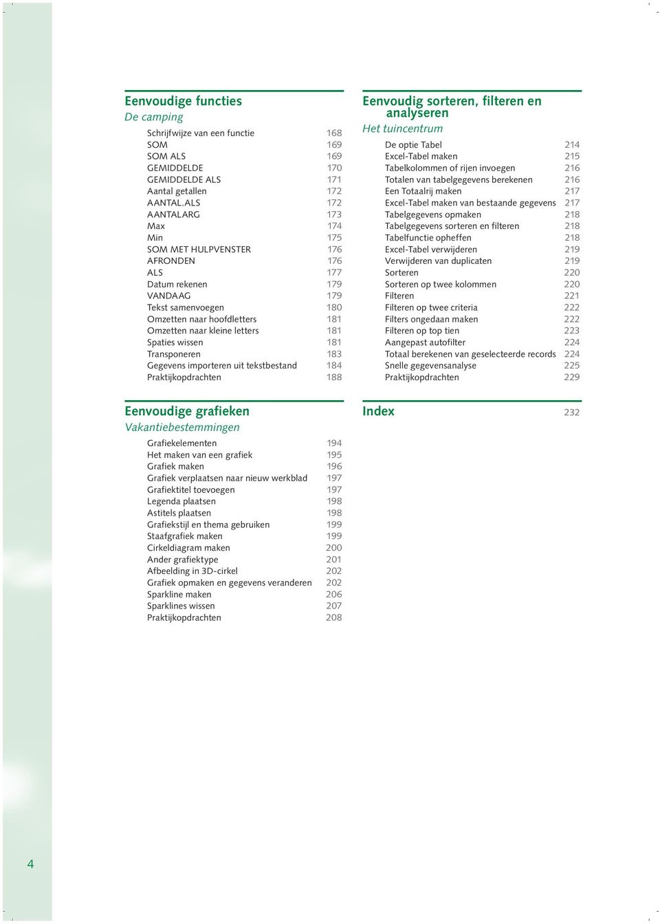 Spaties wissen 181 Transponeren 183 Gegevens importeren uit tekstbestand 184 Praktijkopdrachten 188 Eenvoudige grafieken Vakantiebestemmingen Grafiekelementen 194 Het maken van een grafiek 195