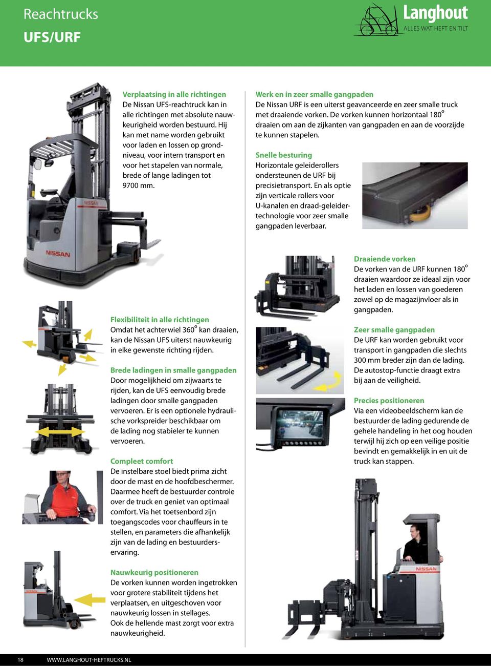 Werk en in zeer smalle gangpaden De Nissan URF is een uiterst geavanceerde en zeer smalle truck met draaiende vorken.