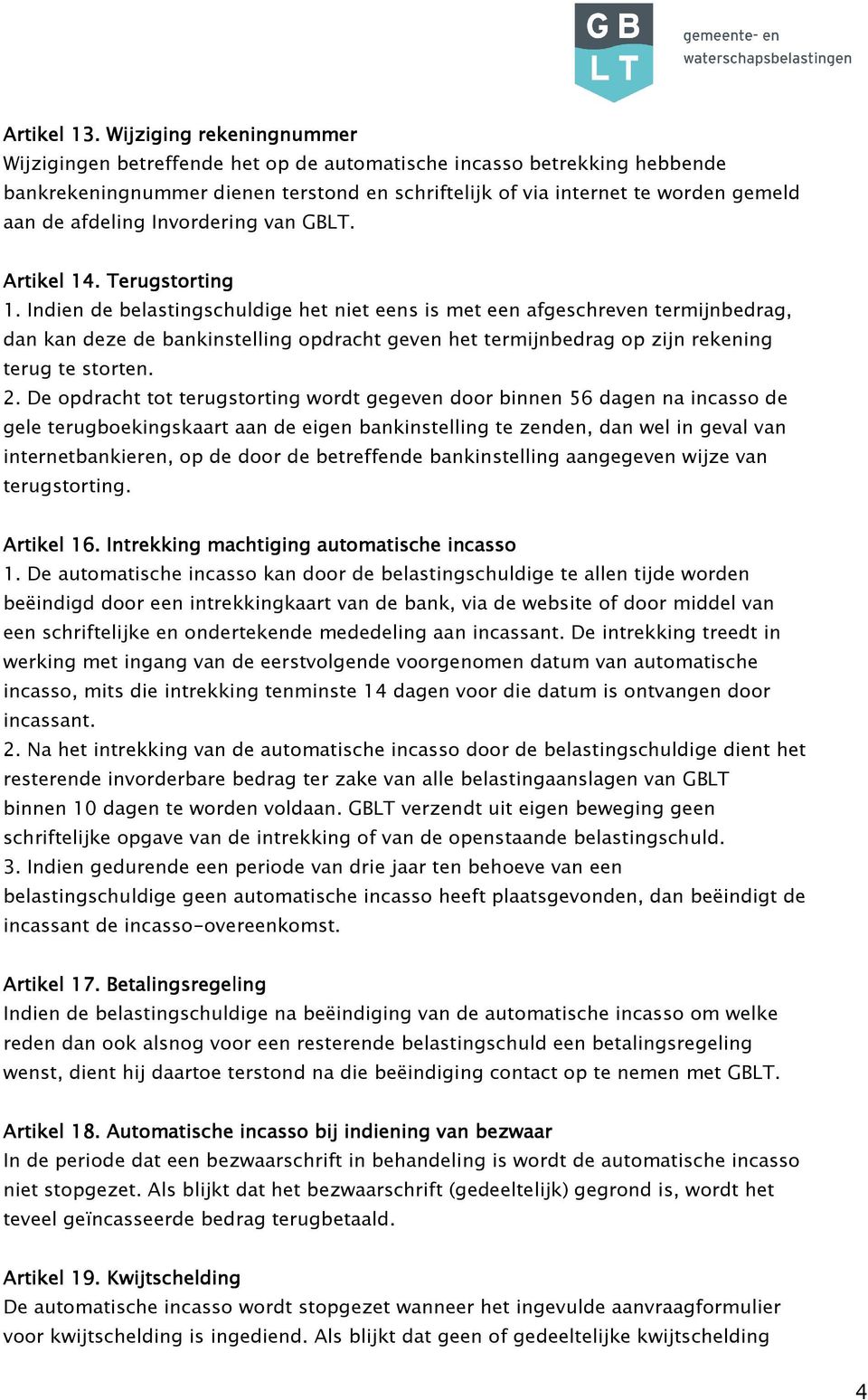 Invordering van GBLT. Artikel 14. Terugstorting 1.