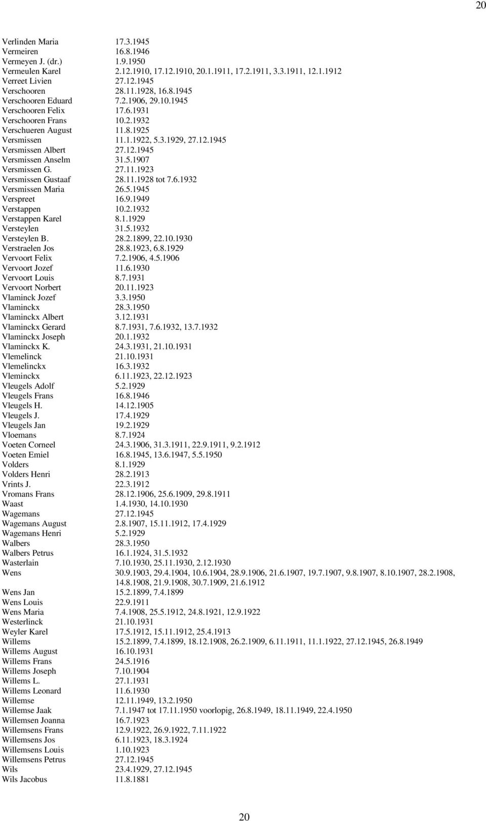 1945 Versmissen Albert 27.12.1945 Versmissen Anselm 31.5.1907 Versmissen G. 27.11.1923 Versmissen Gustaaf 28.11.1928 tot 7.6.1932 Versmissen Maria 26.5.1945 Verspreet 16.9.1949 Verstappen 10.2.1932 Verstappen Karel 8.