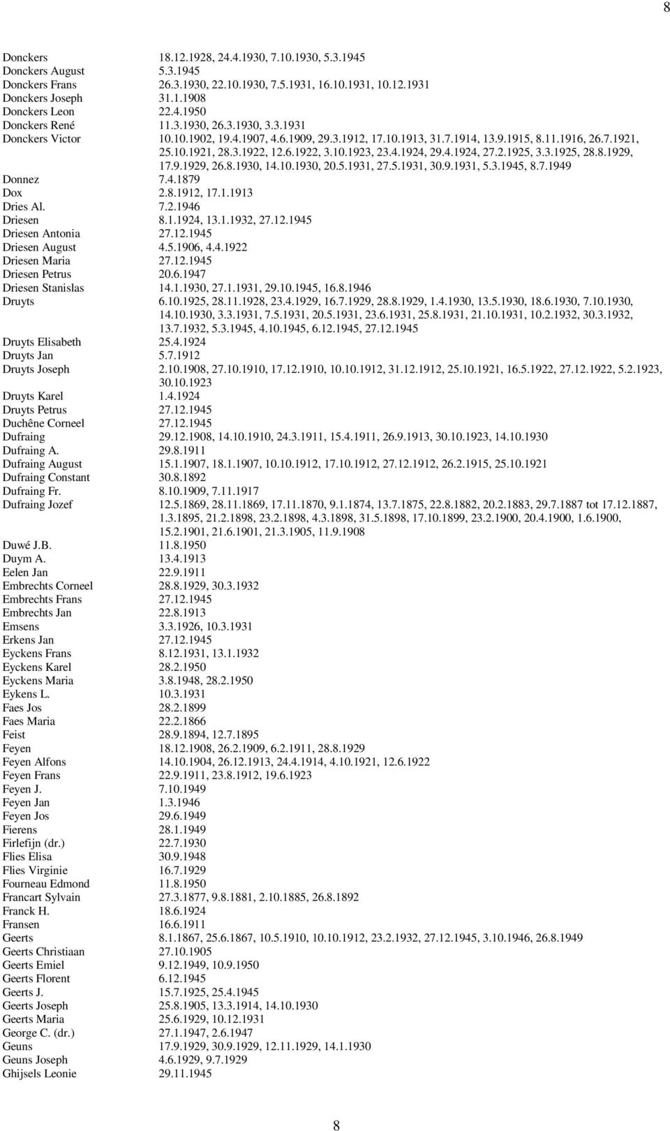 4.1924, 27.2.1925, 3.3.1925, 28.8.1929, 17.9.1929, 26.8.1930, 14.10.1930, 20.5.1931, 27.5.1931, 30.9.1931, 5.3.1945, 8.7.1949 Donnez 7.4.1879 Dox 2.8.1912, 17.1.1913 Dries Al. 7.2.1946 Driesen 8.1.1924, 13.