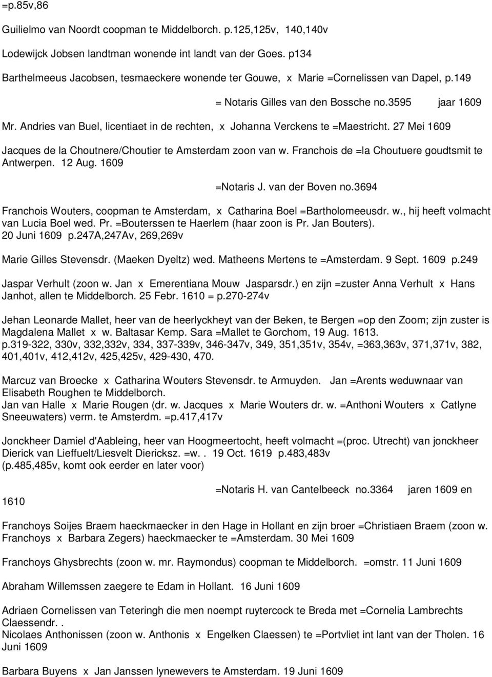 Andries van Buel, licentiaet in de rechten, x Johanna Verckens te =Maestricht. 27 Mei 1609 Jacques de la Choutnere/Choutier te Amsterdam zoon van w. Franchois de =la Choutuere goudtsmit te Antwerpen.