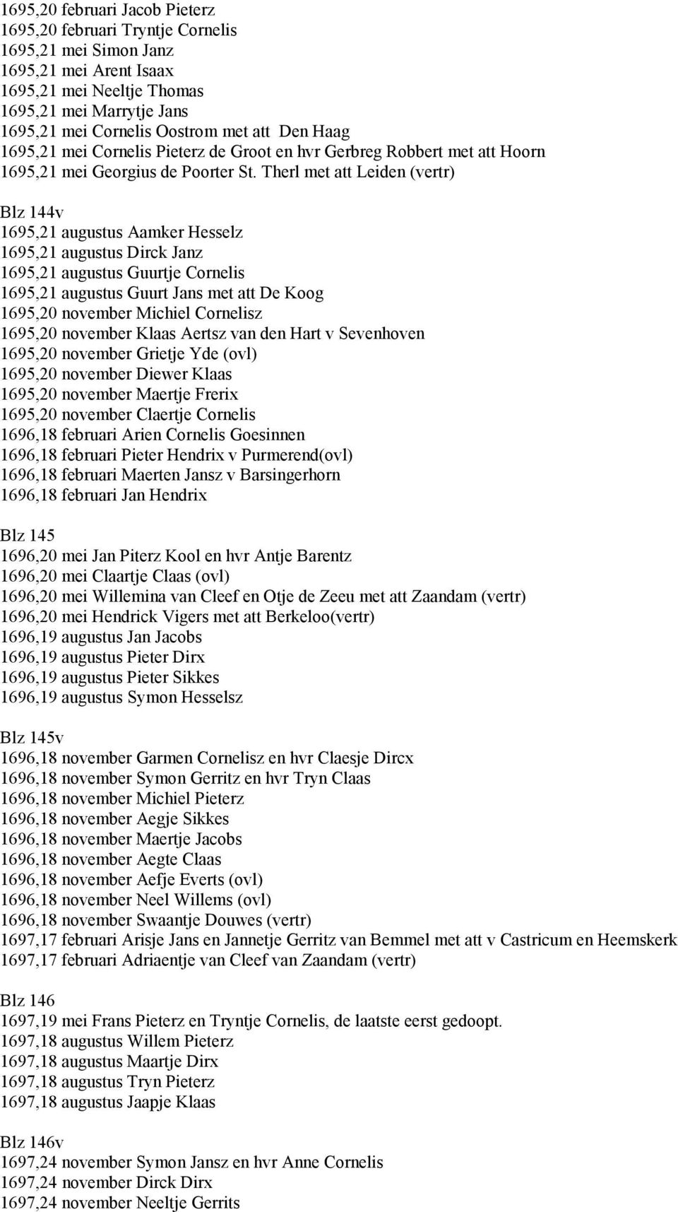 Therl met att Leiden (vertr) Blz 144v 1695,21 augustus Aamker Hesselz 1695,21 augustus Dirck Janz 1695,21 augustus Guurtje Cornelis 1695,21 augustus Guurt Jans met att De Koog 1695,20 november