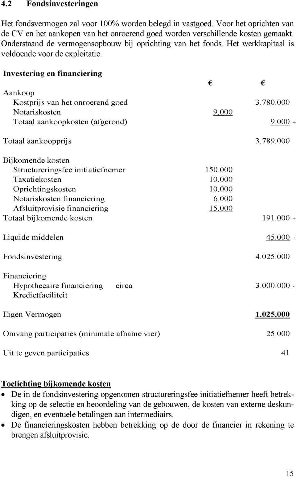 000 Notariskosten 9.000 Totaal aankoopkosten (afgerond) 9.000 + Totaal aankoopprijs 3.789.000 Bijkomende kosten Structureringsfee initiatiefnemer 150.000 Taxatiekosten 10.000 Oprichtingskosten 10.