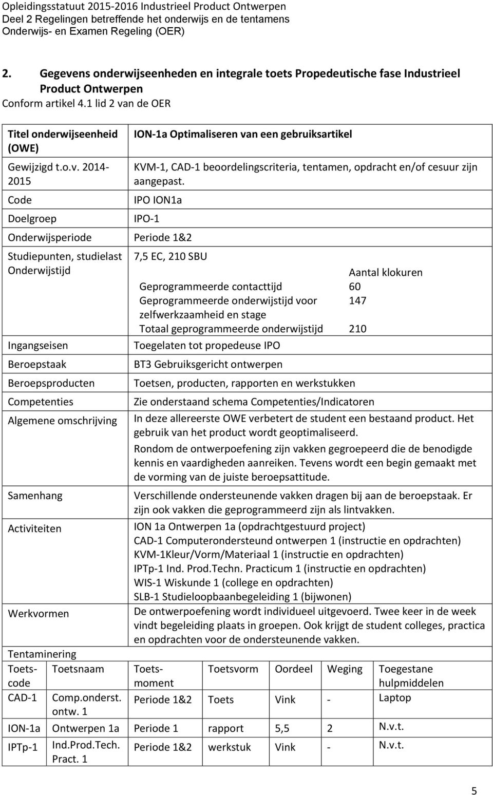 klokuren Geprogrammeerde contacttijd 60 Geprogrammeerde onderwijstijd voor 147 zelfwerkzaamheid en stage Totaal geprogrammeerde onderwijstijd 210 Toegelaten tot propedeuse IPO BT3 Gebruiksgericht