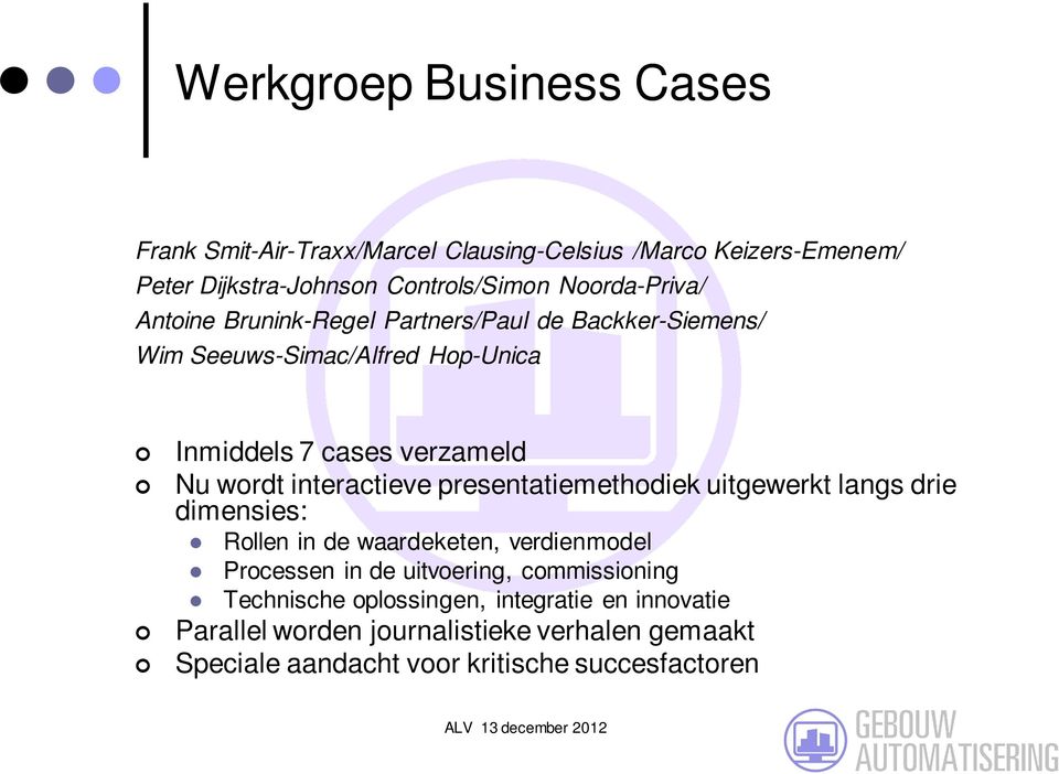 interactieve presentatiemethodiek uitgewerkt langs drie dimensies: Rollen in de waardeketen, verdienmodel Processen in de uitvoering,