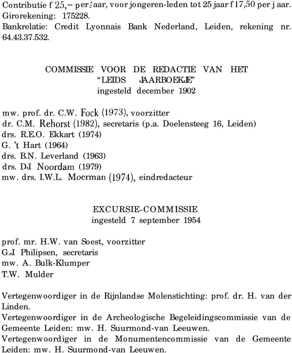 t Hart (1964) drs. B.N. Leverland (1963) drs. DJ. Noordam (1979) mw. drs. I.W.L. Moerman (1974), eindredacteur prof. mr. H.W. van Soest, voorzitter G.J. Philipsen, secretaris mw. A. Bulk-Klumper T.W. Mulder EXCURSIE-COMMISSIE ingesteld 7 september 1954 Vertegenwoordiger in de Rijnlandse Molenstichting: prof.