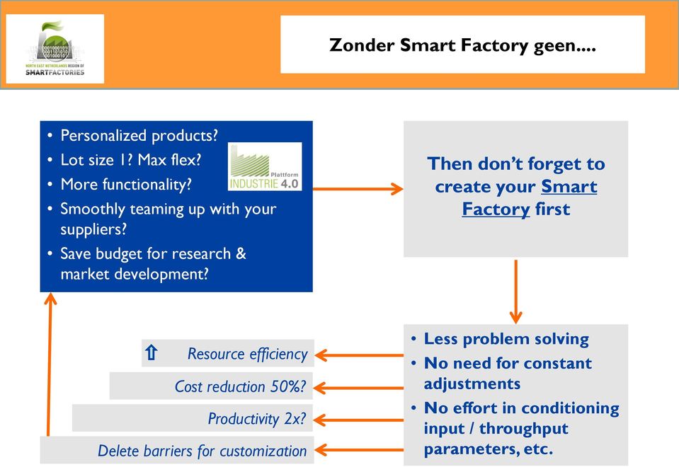 Then don t forget to create your Smart Factory first Resource efficiency Cost reduction 50%? Productivity 2x?
