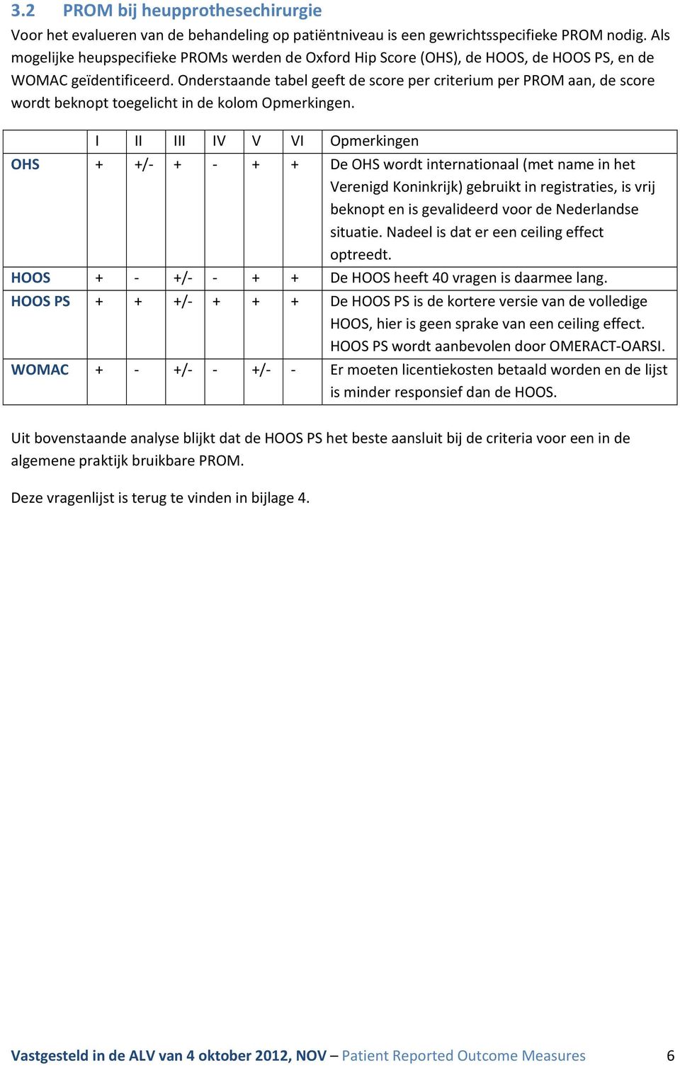 Onderstaande tabel geeft de score per criterium per PROM aan, de score wordt beknopt toegelicht in de kolom Opmerkingen.