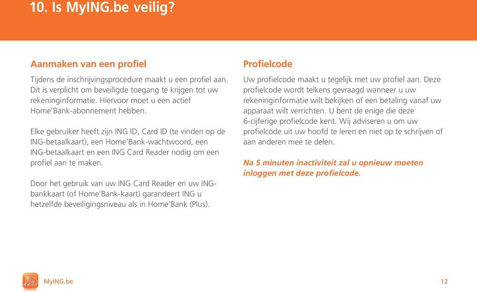 Elke gebruiker heeft zijn ING ID, Card ID (te vinden op de ING-betaalkaart), een Home Bank-wachtwoord, een ING-betaalkaart en een ING Card Reader nodig om een profiel aan te maken.