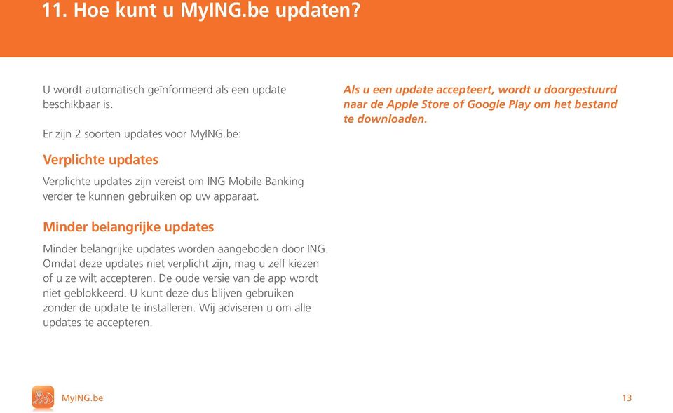 Verplichte updates Verplichte updates zijn vereist om ING Mobile Banking verder te kunnen gebruiken op uw apparaat.