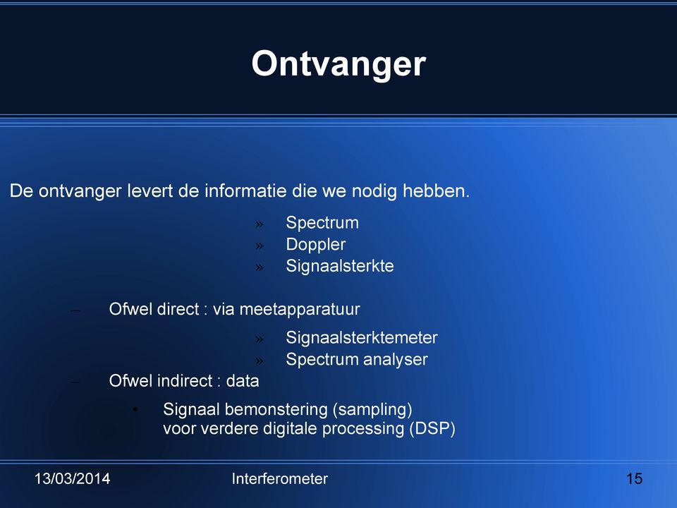 Signaalsterktemeter» Spectrum analyser Ofwel indirect : data Signaal